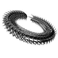 Chrome 3D element. Abstract array metal ridge, iron bones in cyber sigilism style, perspective objects. Transparent background