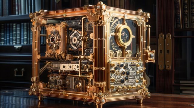 Gold-plated steampunk computer running cryptocurrency algorithms,