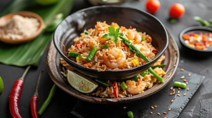 Fried rice with shrimp paste, highlighting traditional Phuket cuisine, styled on black