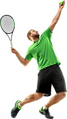 Dynamic image of focused man, tennis player hitting ball with racket, playing, training isolated on transparent background. Full-length. Concept of sport, competition, tournament, game, active © master1305