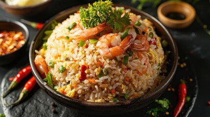 Fried rice with shrimp paste, highlighting Phuket flavors, styled on a black background
