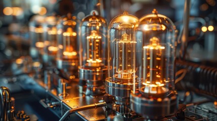 Fototapeta premium Gold-plated vacuum tubes in quantum computer, retro-futuristic finance,