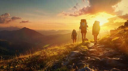 Fototapeta premium Adventurous hikers navigating a mountain trail at sunset, backpacks on, savoring the summer journey