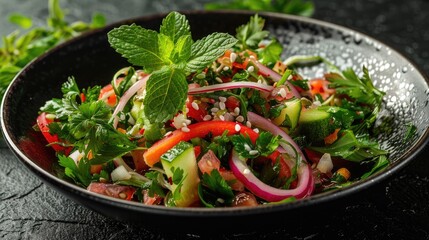 Phuket's spicy salad, featuring fresh herbs and spices, presented on a black background
