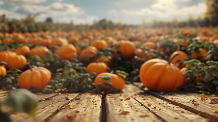close up of empty wooden table with blurred pumpkin field farm background
