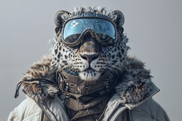 Fototapeta premium Leopard with blue eyes wearing reflective goggles and a thick, fur-lined winter coat, on neutral winter backdrop. For advertising winter sports equipment, wildlife promotional, sales