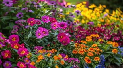 Spring garden filled with a variety of blooming flowers and ornamental plants