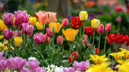 Obraz premium Spring garden view with a rainbow of colorful flowers in full bloom
