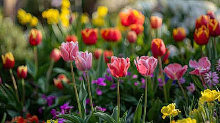 Fototapeta premium Spring garden filled with a variety of blooming flowers and ornamental plants