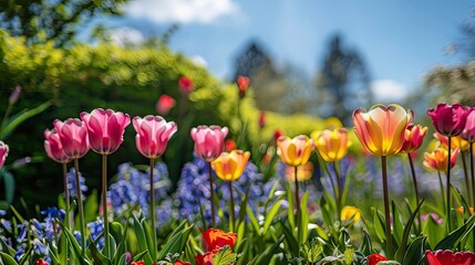 Obraz premium Springtime garden view with vibrant flowers and a clear blue sky
