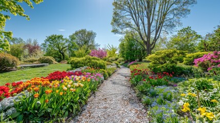 Springtime garden view with vibrant flowers and a clear blue sky