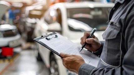 A mechanic is closely checking a service checklist in a busy, well-organized car maintenance shop, highlighting the attention to detail required for car repairs and maintenance tasks.