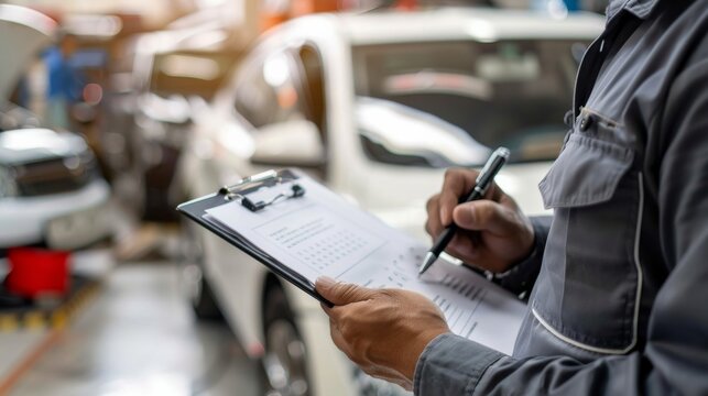 A mechanic is closely checking a service checklist in a busy, well-organized car maintenance shop, highlighting the attention to detail required for car repairs and maintenance tasks.