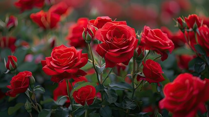 Vibrant red roses in full bloom, clustered together in a garden