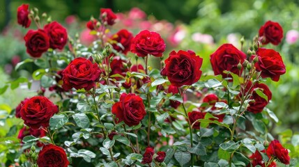 Obraz premium Vibrant red roses clustered together in a blooming garden