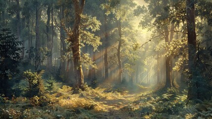 Obraz premium Enchanting forest scene with sunlight streaming through the trees, creating a serene and magical atmosphere. Perfect for nature lovers.