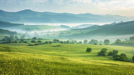 Obraz premium Wide rural landscape with rolling green fields and misty mountain backdrop on a serene summer morning