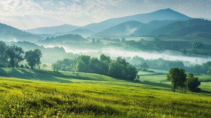 Obraz premium Wide rural landscape with rolling green fields and misty mountain backdrop on a serene summer morning
