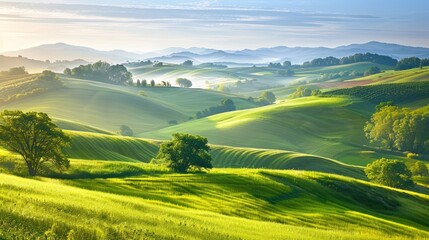 Obraz premium Wide rural landscape with rolling meadows and tree-covered hills on a clear summer morning