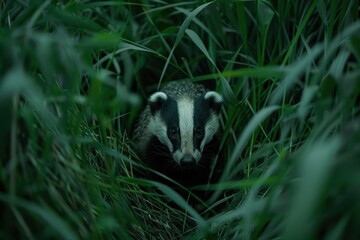 Obraz premium A close-up of a European badger emerging from its burrow at dusk, surrounded by tall grass. 