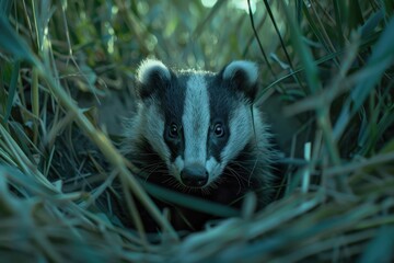 A close-up of a European badger emerging from its burrow at dusk, surrounded by tall grass. 