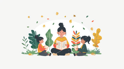 Illustration of a mother reading a book to two children in a garden surrounded by plants and falling leaves.