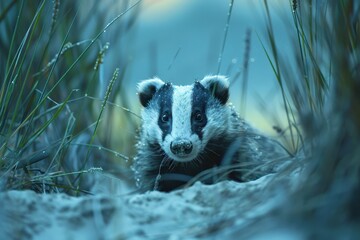 Obraz premium A close-up of a European badger emerging from its burrow at dusk, surrounded by tall grass. 