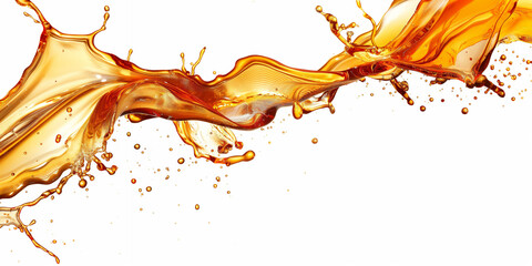 The dynamic flow of orange liquid in motion, vibrant golden fluid splash against white background, isolated, copy space concept