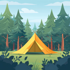 A yellow tent stands in a lush green forest, surrounded by tall trees and abundant greenery on a clear day.