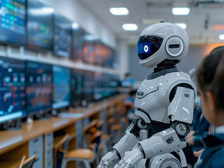 Fototapeta premium A robot stands at the front of a classroom filled with students, illustrating the integration of advanced technology and artificial intelligence into modern educational environments