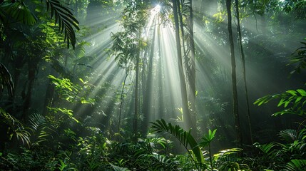 Lush green rainforest with sunlight streaming through the trees, creating a serene and vibrant natural landscape.
