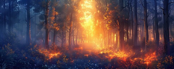 Magical forest with an ethereal glow, burning sunset illuminating dense trees and foliage, creating a mystical and tranquil atmosphere.