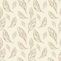 Fototapeta premium Seamless texture with birds, feathers and dots, various small elements, in blue cream and brown colors.