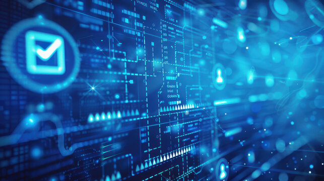 An abstract blue screen depicting legal compliance procedures, policy documents, and checkmark boxes, illustrating a structured approach to regulatory adherence