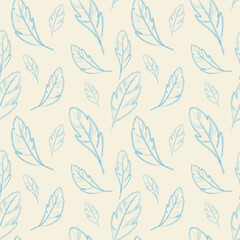 Seamless texture with birds, feathers and dots, various small elements, in blue cream and brown colors.