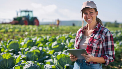 Smiling female farmer in a plaid shirt and cap, holding a tablet in a lush green field, with a tractor in the background, showcasing modern agriculture technology.