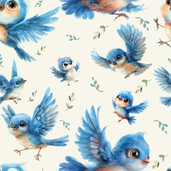 Seamless texture with birds, feathers and dots, various small elements, in blue cream and brown colors.