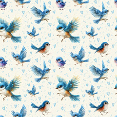 Seamless texture with birds, feathers and dots, various small elements, in blue cream and brown colors.