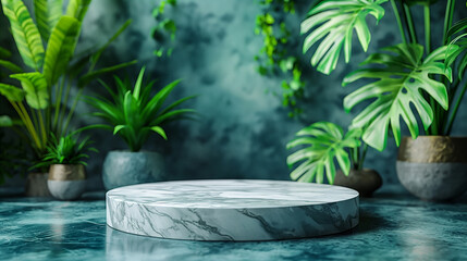 Marble Platform With Greenery. Generative AI