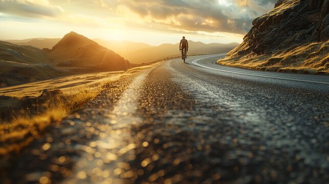 Cyclist on a highway, early morning light, endless road ahead, photo-realistic, low-angle shot, highlighting the roadmap of passion and motivation