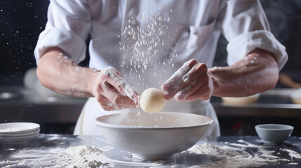 A close-up shot of white mochi balls being dusted with powdered sugar on a dark plate in a kitchen setting.