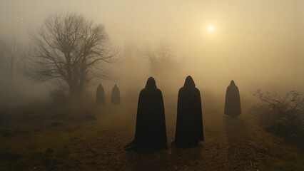 generative ai, A group of hooded figures walking through a foggy forest path at sunrise