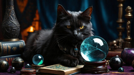 black cat fortune teller with a crystal ball for predictions,  AI generated