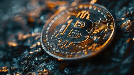 Closeup of bitcoin cryptocurrency coin on abstract reflective rock background