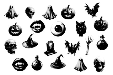 Halftone elements for a Halloween collage. Big set of isolated elements on white background.