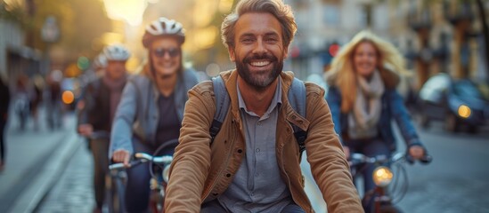 Smiling Man Riding a Bike in City Street