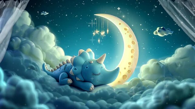 Adorable dinosaur sleeping on crescent moon with stars.  Seamless loop video background