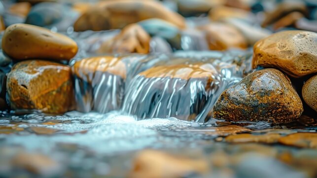 Closeup of flowing stream over colorful rocks in nature setting