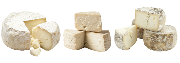 A selection of fresh goat cheeses, arranged in a visually appealing display, showcasing their smooth, creamy texture.