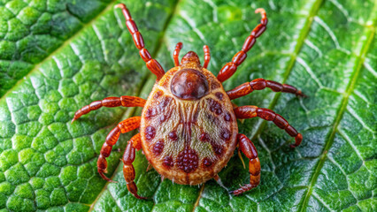 Obraz premium Crawling deer tick on the background of green leaf. Dangerous insect infects with disease